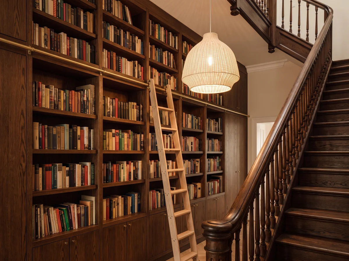 Zweigeschossige Bibliothekswand mit Leiter aus Esche