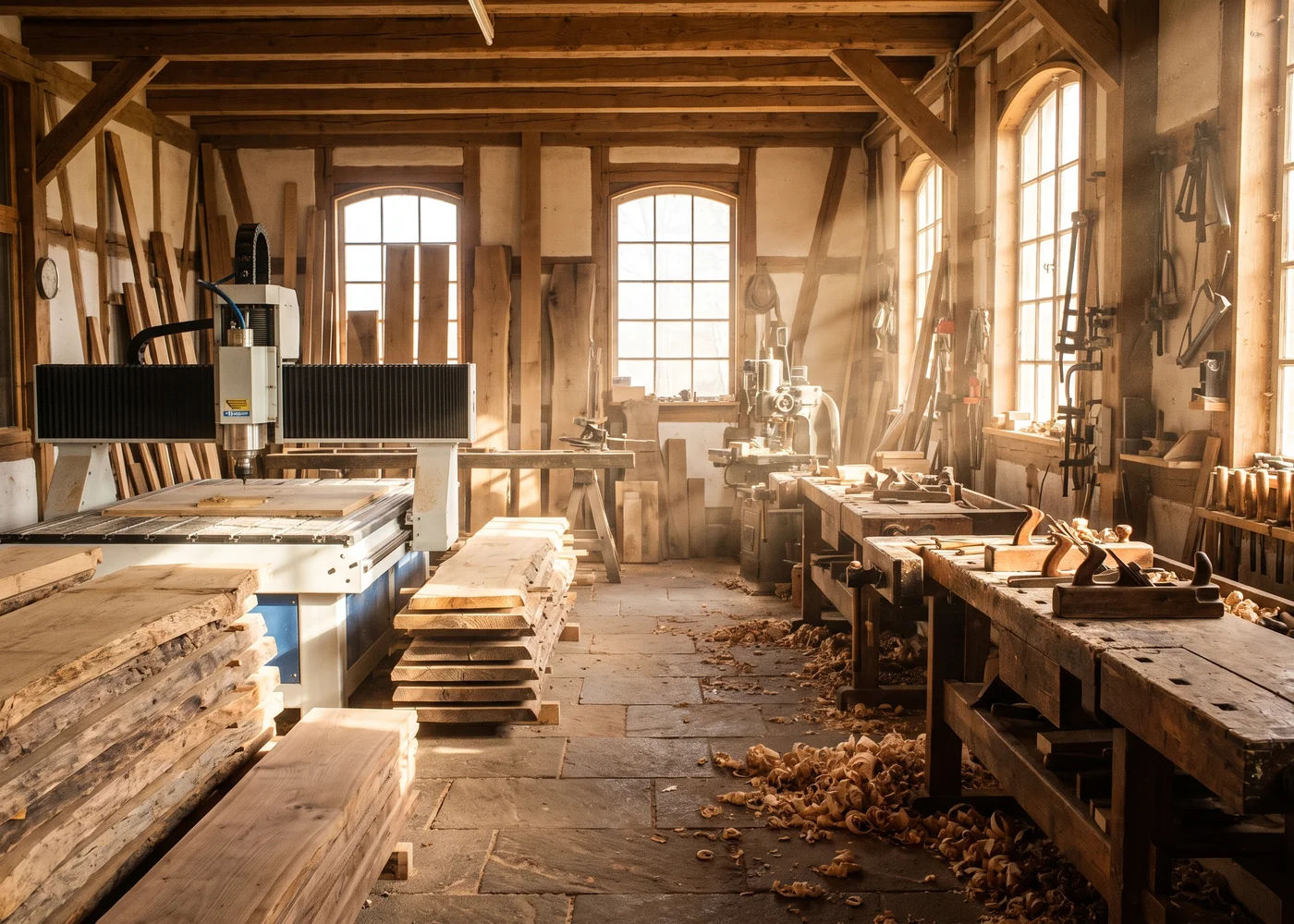 Werkstatt der Schreinerei Hobelmann: CNC-Fräse und Hobelbänke