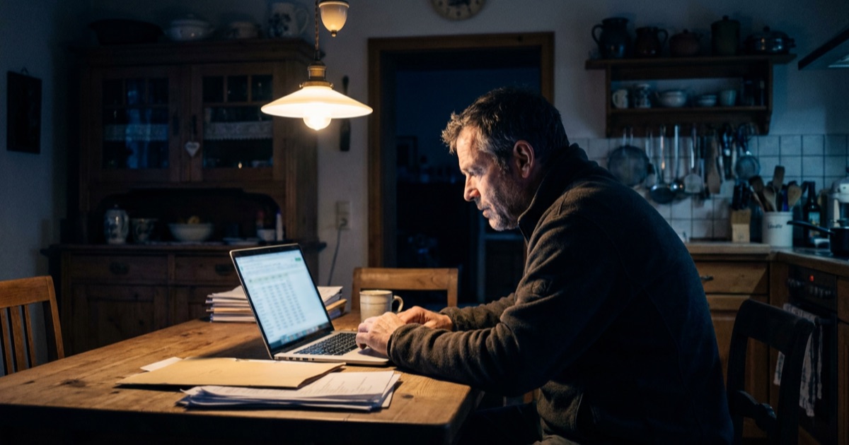 Handwerker am Küchentisch mit Laptop und Rechnungsstapel — E-Rechnung Pflicht für Handwerksbetriebe