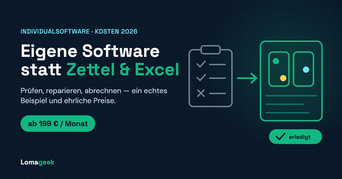 Klemmbrett mit Prüfzettel wird zu einer Bildschirm-Ansicht mit markierten Schäden — Individualsoftware für kleine Betriebe