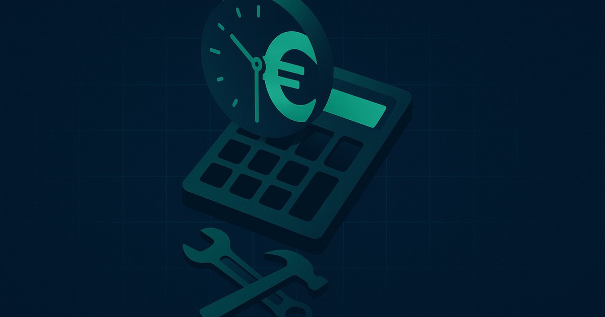 Uhr verbunden mit Euro-Symbol und Taschenrechner — Stundensatz für Handwerker