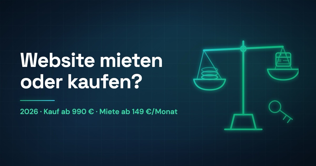 Waage mit Geldscheinen und Website-Fenster — Website mieten oder kaufen im Vergleich