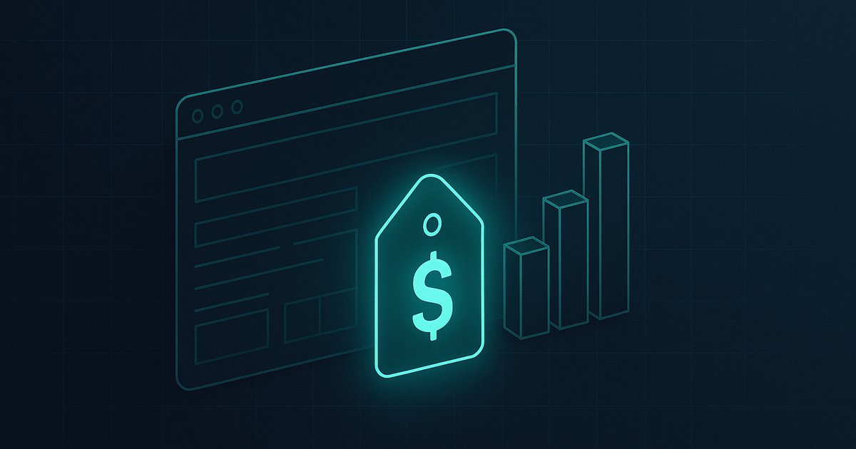 Browser window wireframe with price tag and bar-chart elements — website cost guide