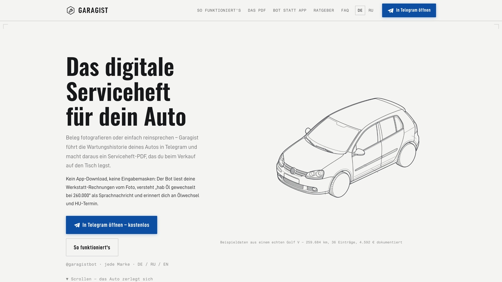 Garagist — Website für das digitale Serviceheft, Explosionszeichnung eines VW Golf V im Stil deutscher Technikdokumentation